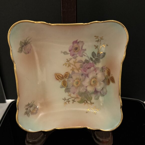 Vintage SCHUMANN ARZBERG Wild Rose Square Bowl Candy Trinket Dish Gold Trim - Picture 1 of 12